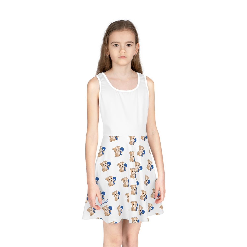 Front-view of a girl wearing a sleeveless white dress with a white top and a repeating pattern of a dog on the skirt.