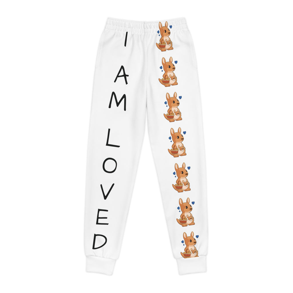 White sweatpants with a line of kangaroos down the front left leg and the phrase "I am loved" down the front right leg.