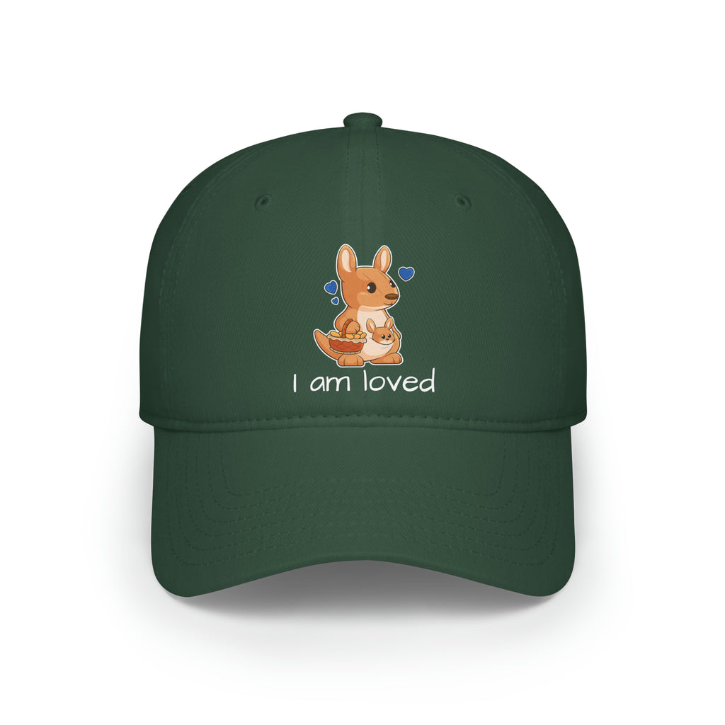 Front-view of a dark green baseball hat with a picture of a kangaroo that says I am loved.