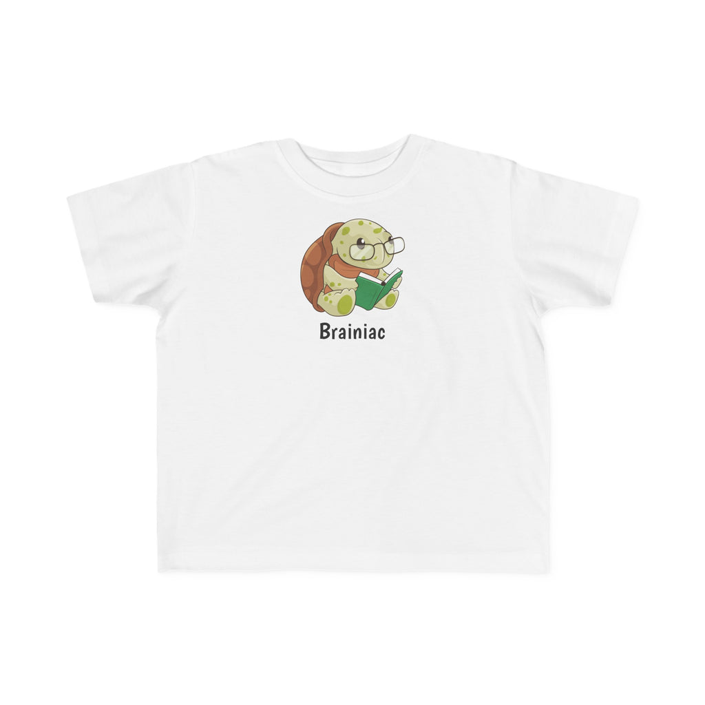 A short-sleeve white shirt with a picture of a turtle that says Brainiac.