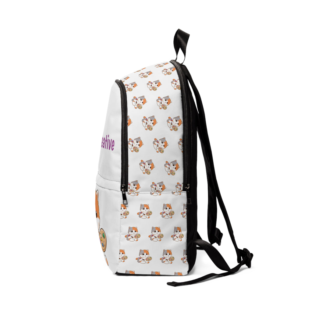 Side-view of a white backpack with a repeating pattern of a cat on the sides. The bottom half of the front features a large cat and the top half says "I am creative".
