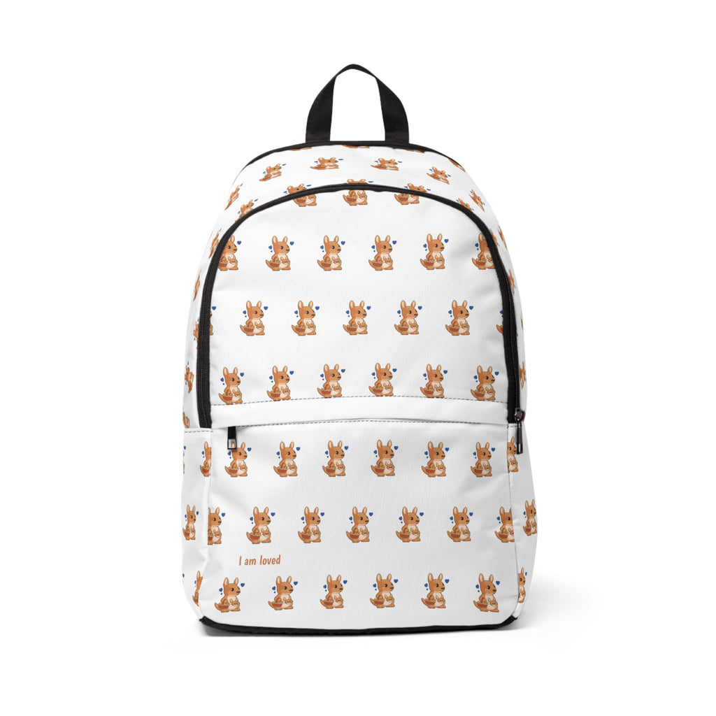 Front-view of a backpack with a repeating pattern of a kangaroo and the phrase "I am loved" in the bottom left corner of the front.