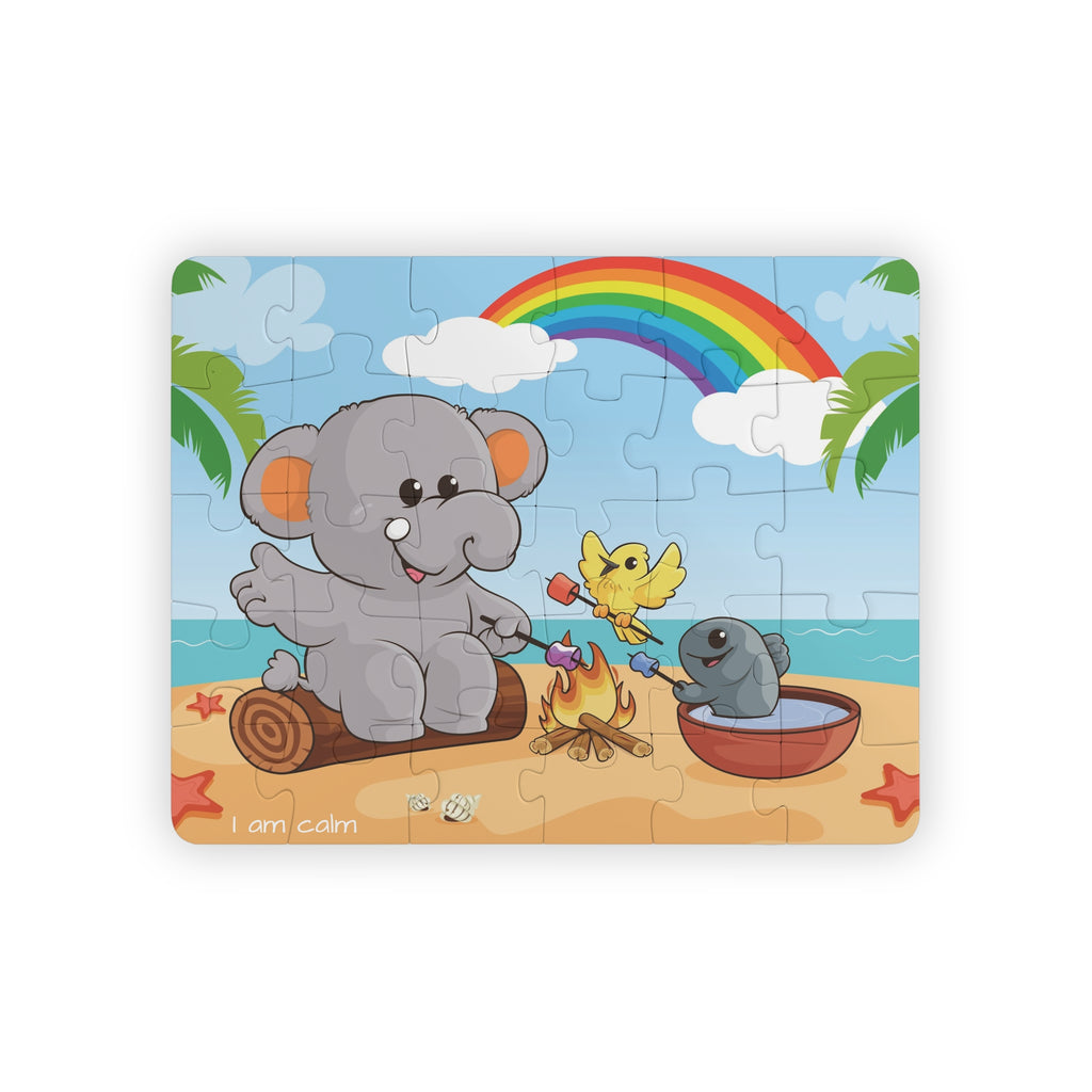 A 30 piece puzzle with a scene of an elephant having a bonfire with a bird and fish on the beach, a rainbow in the background, and the phrase "I am calm" along the bottom.