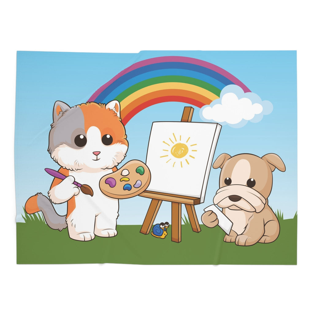 Full-color swaddle blanket with a cat painting on a canvas next to a dog and a rainbow in the background.
