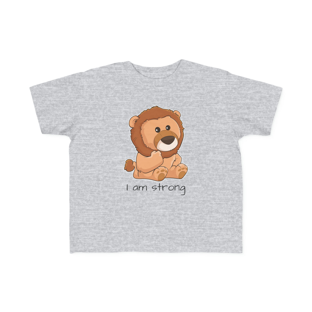 A short-sleeve heather grey shirt with a picture of a lion that says I am strong.