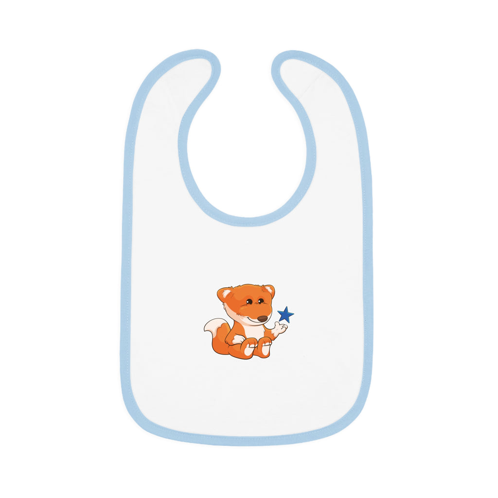 A white baby bib with light blue trim and a small picture of a fox.