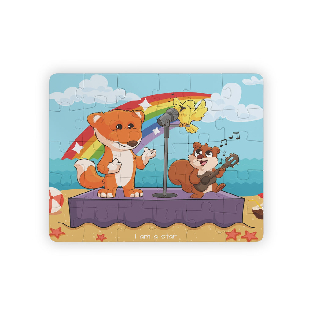 A 30 piece puzzle with a scene of a fox singing with a bird and squirrel on a stage on the beach, a rainbow in the background, and the phrase "I am a star" along the bottom.