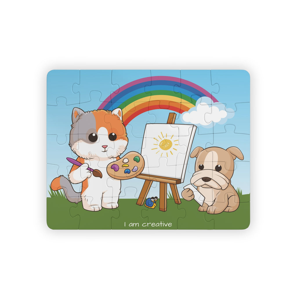 A 30 piece puzzle with a scene of a cat painting on a canvas next to a dog, a rainbow in the background, and the phrase "I am creative" along the bottom.