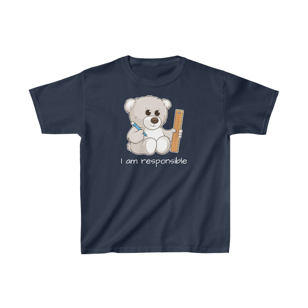A short-sleeve navy blue shirt with a picture of a bear that says I am responsible.