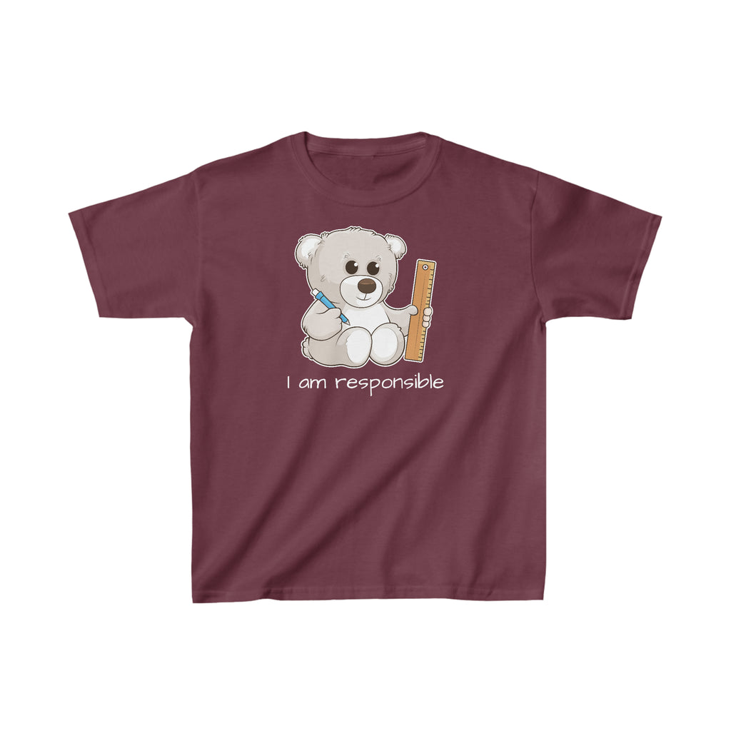 A short-sleeve maroon shirt with a picture of a bear that says I am responsible.