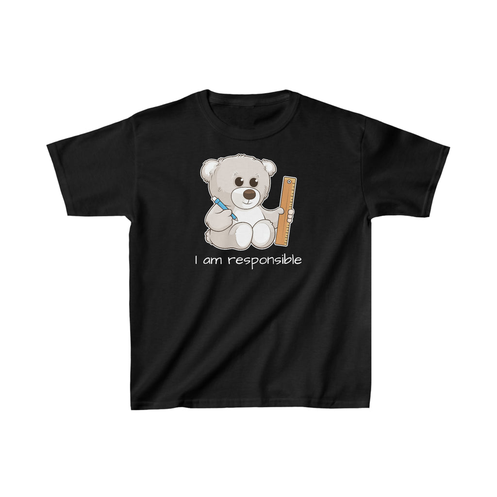 A short-sleeve black shirt with a picture of a bear that says I am responsible.
