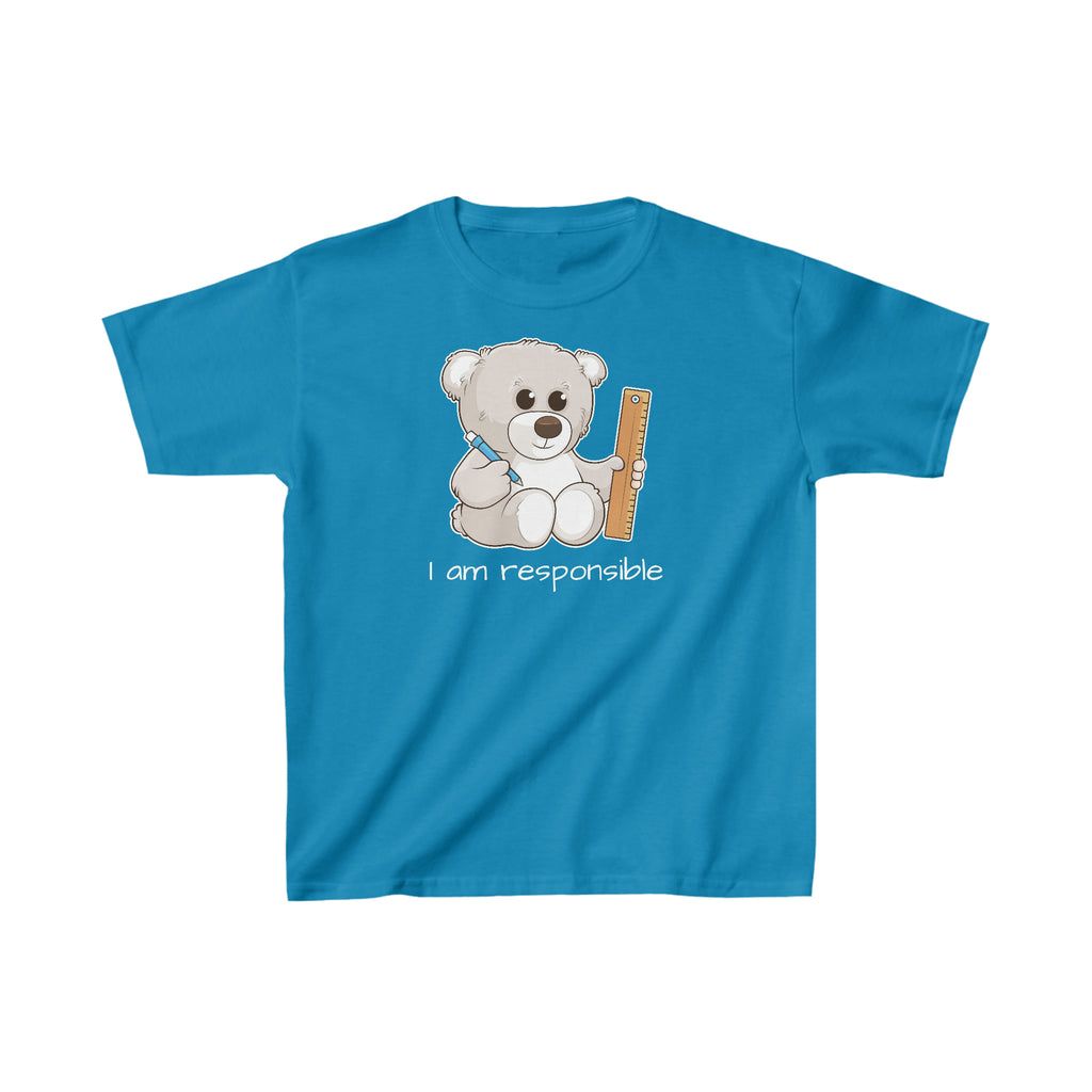 A short-sleeve sapphire blue shirt with a picture of a bear that says I am responsible.