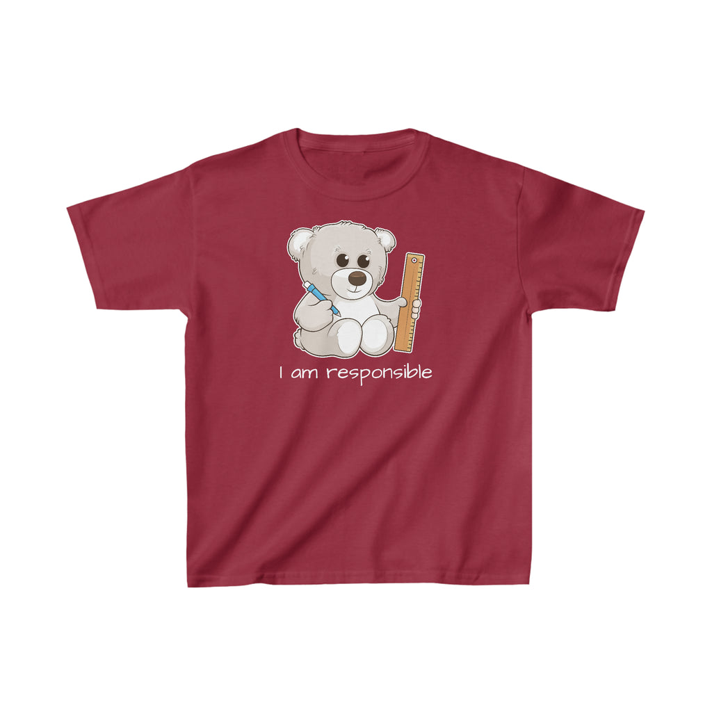 A short-sleeve cardinal red shirt with a picture of a bear that says I am responsible.