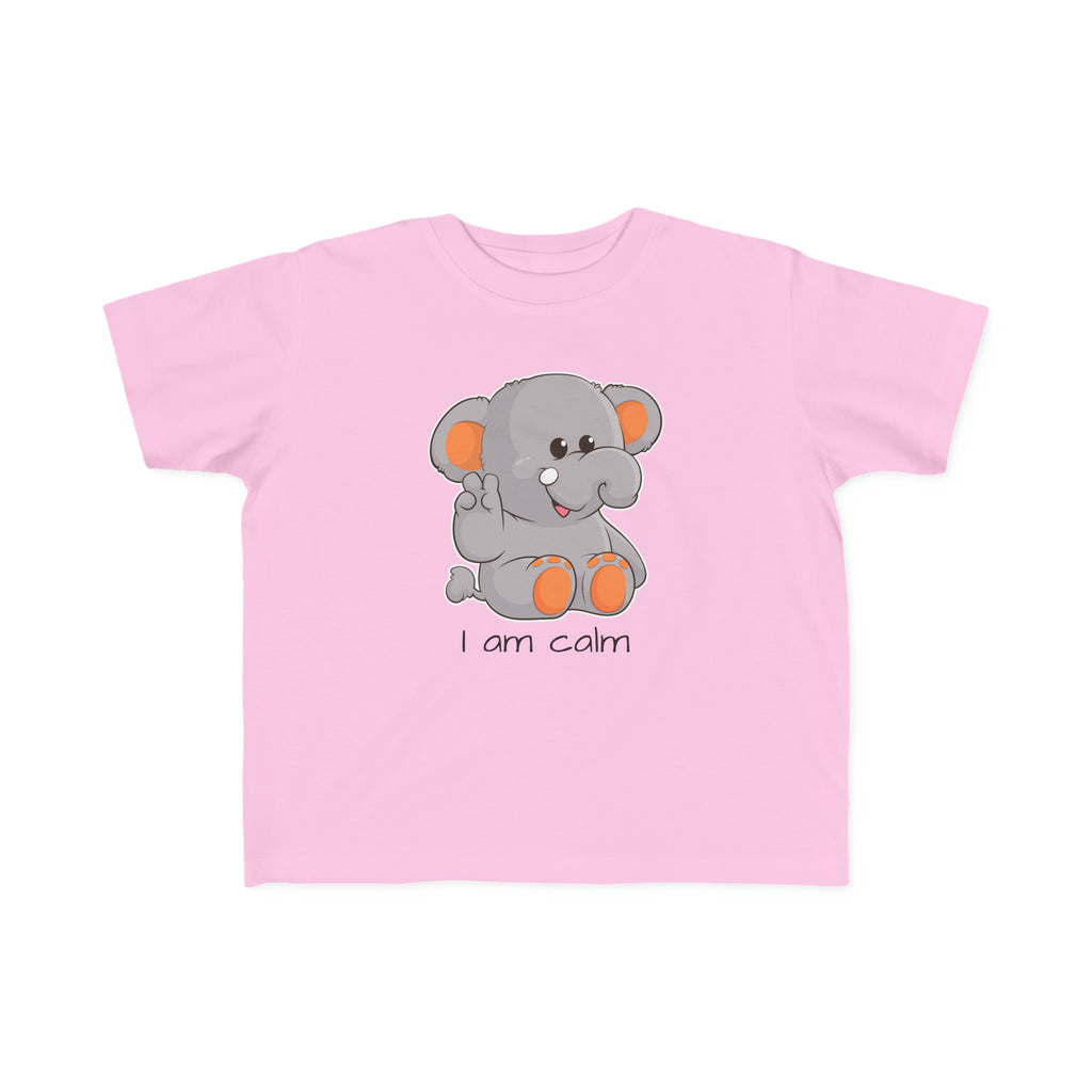 A short-sleeve light pink shirt with a picture of an elephant that says I am calm.