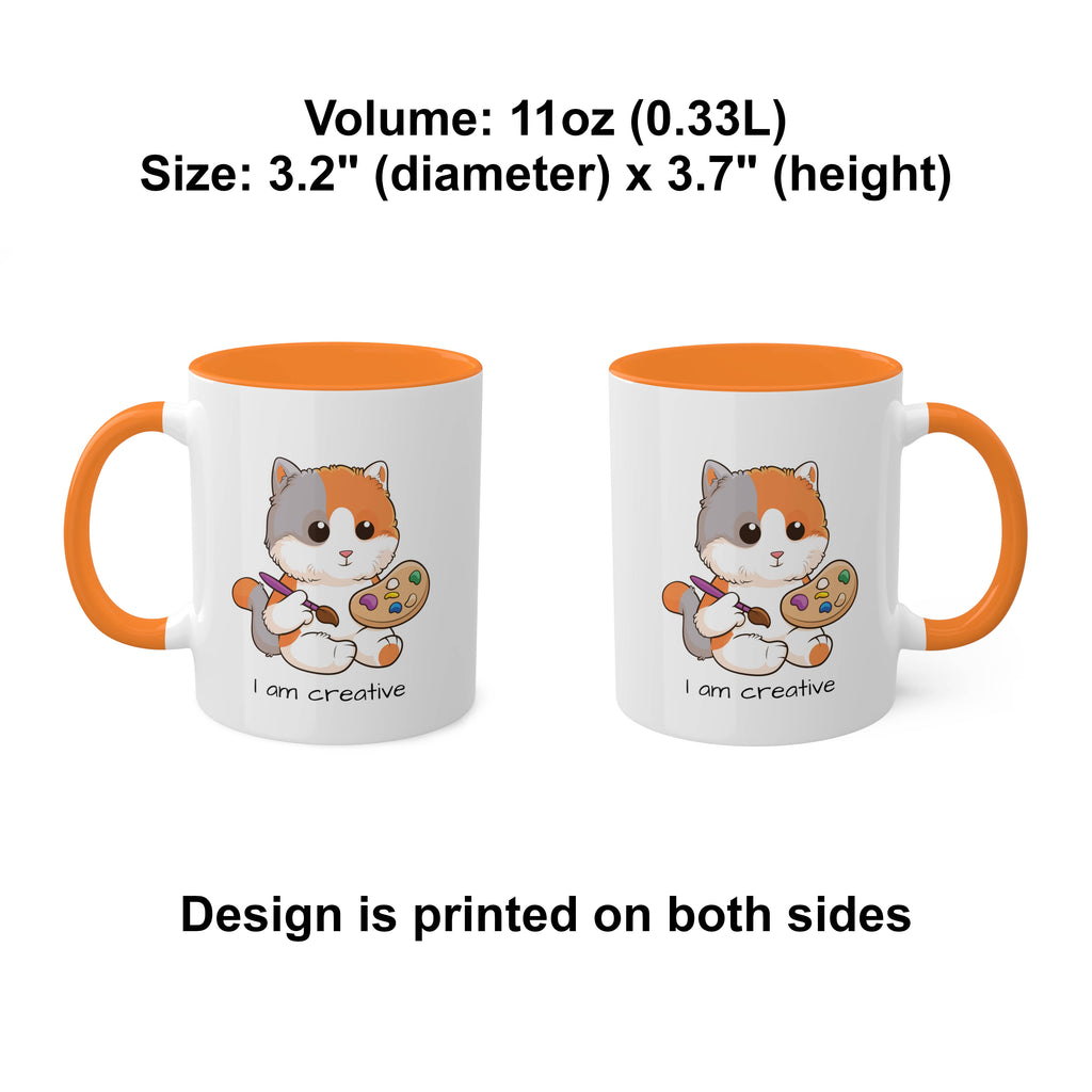 Two white mugs with golden yellow handles and interiors and a picture of a cat that says I am creative. The mugs are side by side with the handle of one on the left side and the other on the right side. Above the mugs is text that says the volume is 11 ounces and the size is 3.2 inch diameter by 3.7 inch height. Below the mugs, the text says that the design is printed on both sides of the mugs.